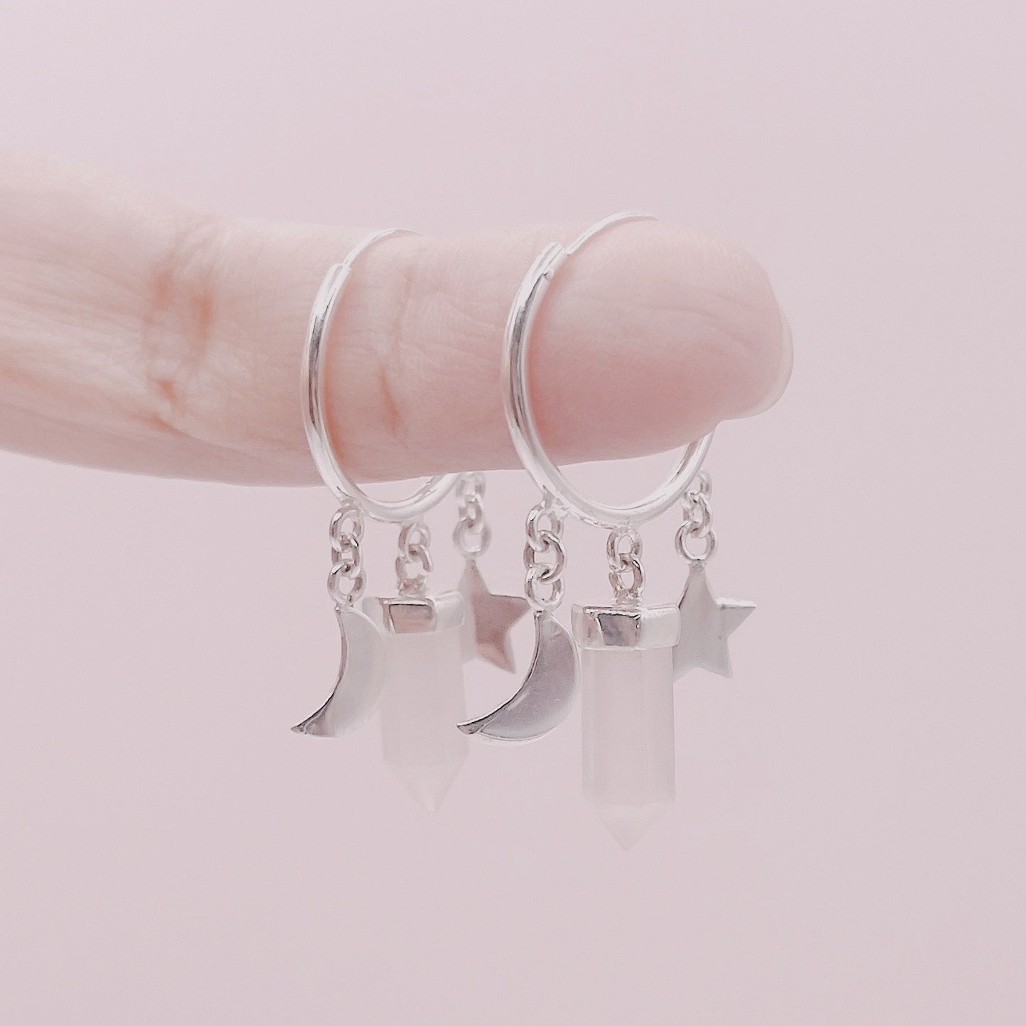 Aros Argollas Luna Estrella y Cuarzo Rosa - Plata 925