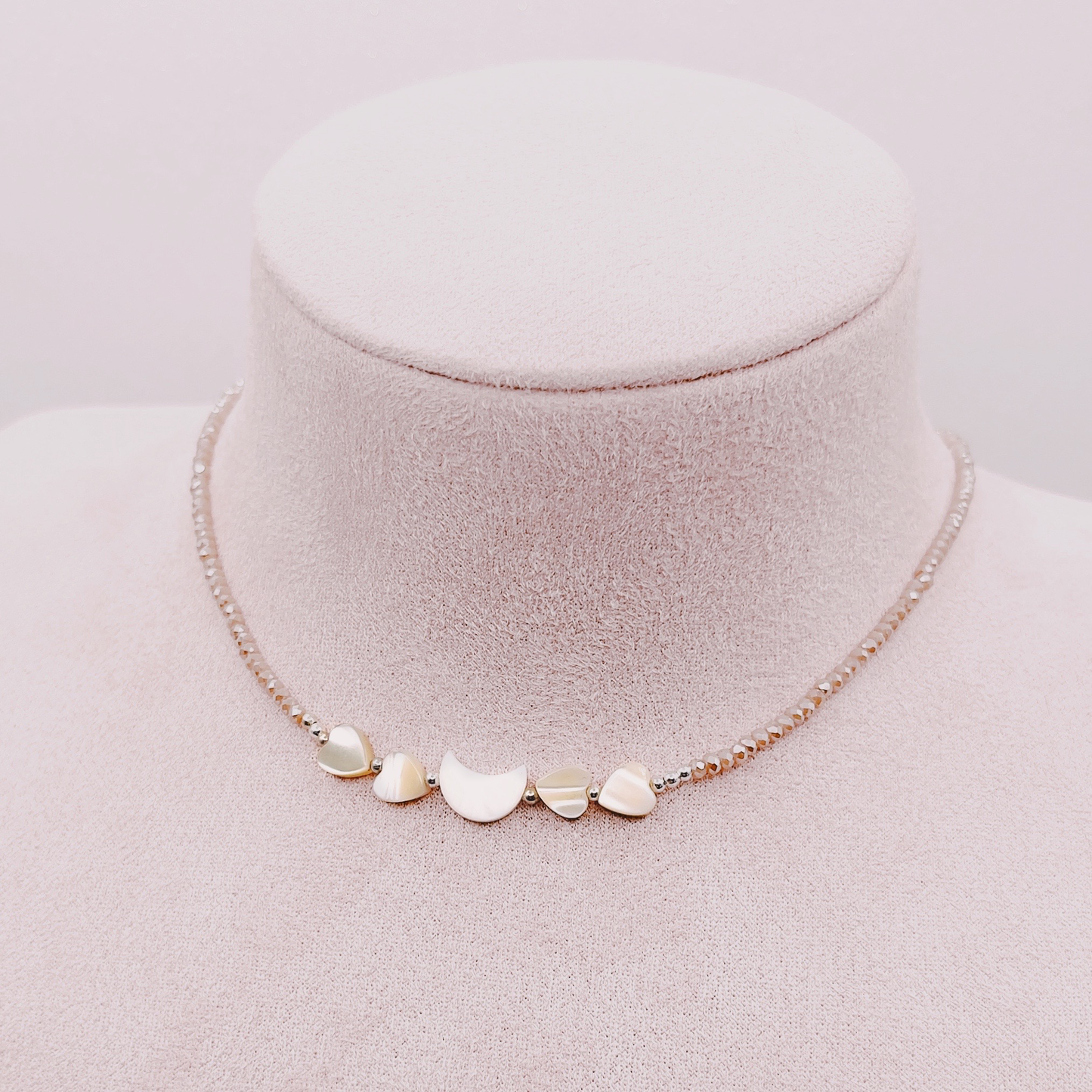Collar Luna & Corazones con Cristales Perlados - Plata 925