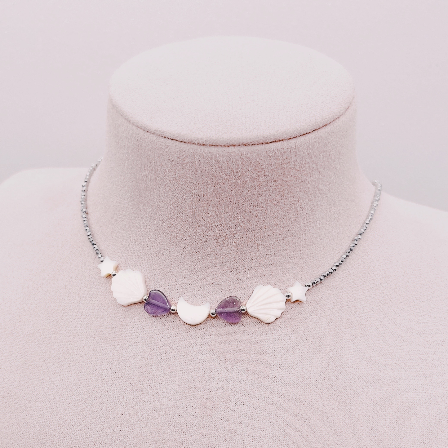 Collar Conchitas Nácar y Corazones Amatista - Plata 925