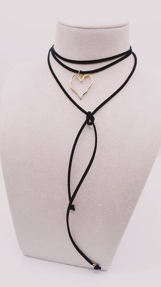 Collar Gamuza Anudable Corazón - Enchape Oro