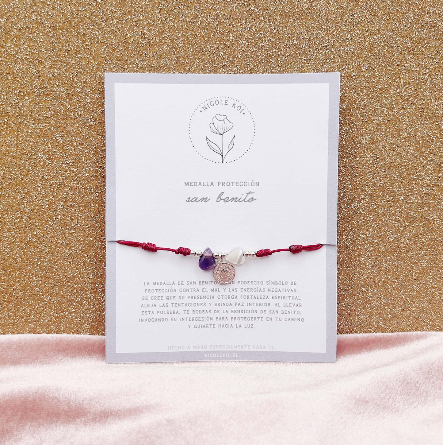 Pulsera Protección Medalla San Benito, Corazón Nácar & Amatista - Plata 925