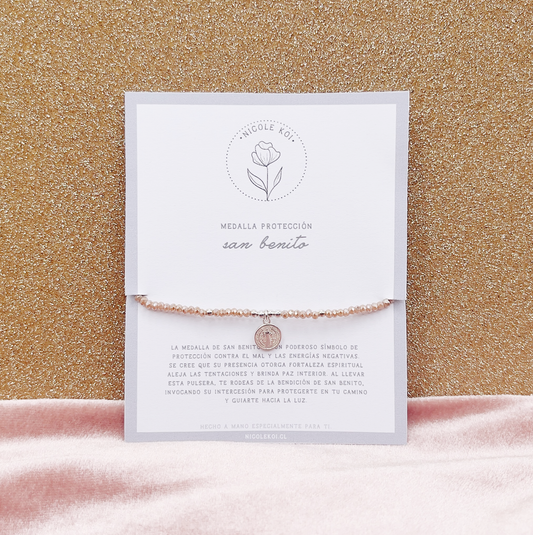 Pulsera Medalla San Benito Protección Cristales Perlados - Plata 925