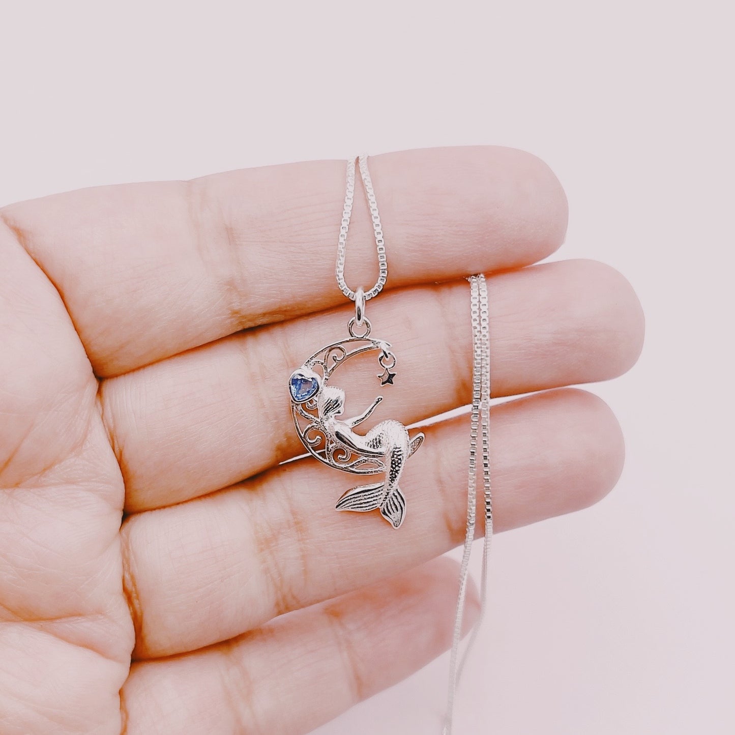 Cadena Luna & Sirena Circón Micro Colgante - Plata 925