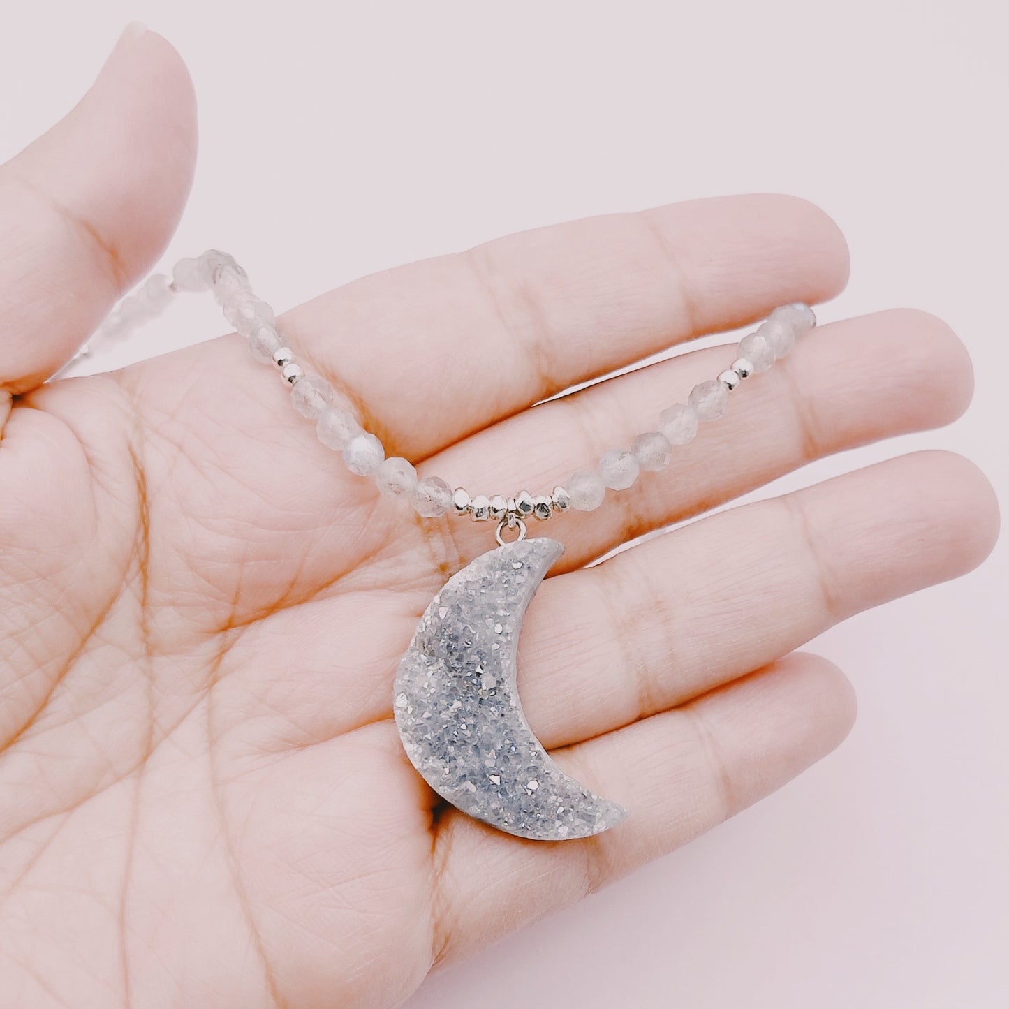 Collar Drusa Lunar Cuarzo Celestial Aura & Labradoritas - Plata 925