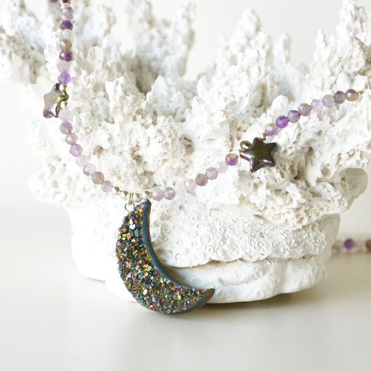 Collar Luna Drusa Ónix Estrellas Perlas Barrocas & Amatista - Plata 925