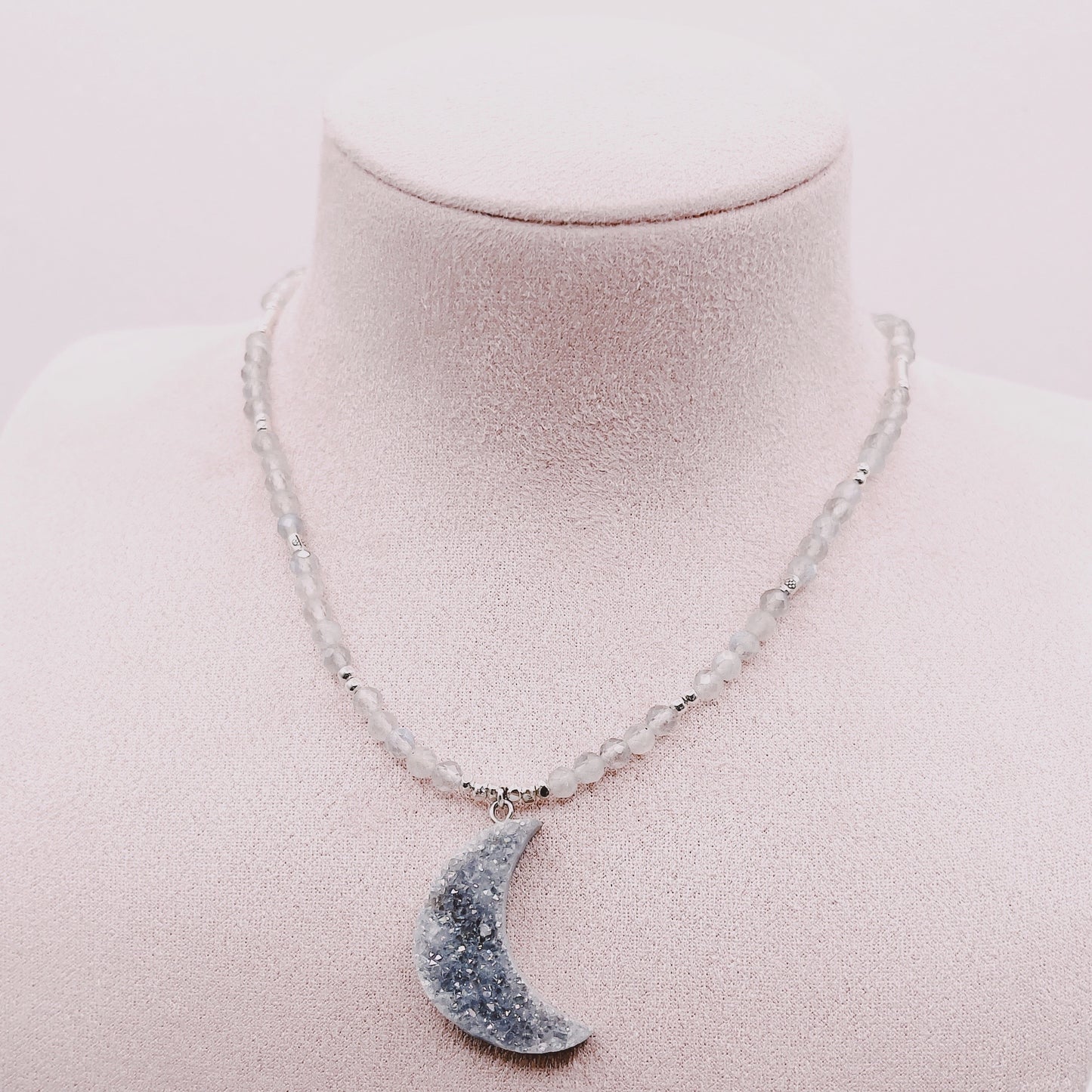 Collar Drusa Lunar Cuarzo Celestial Aura & Labradoritas - Plata 925