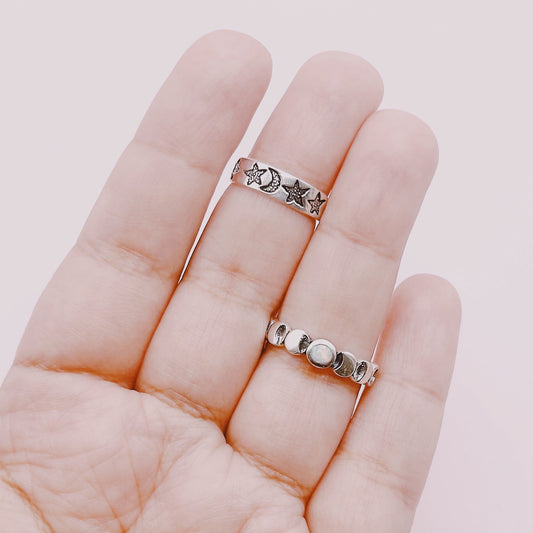 Anillo Ópalo Fases Luna y Midi Lunas Estrellas - Plata 925