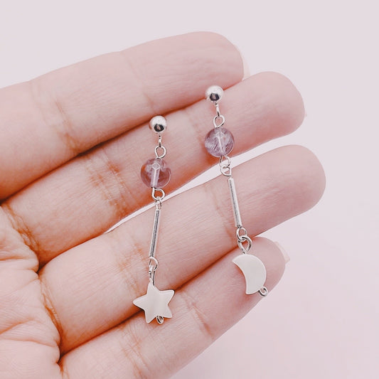Aros Largos Luna y Estrella Nácar y Auralita - Plata 925