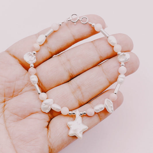 Pulsera Estrella, Perlas Barrocas, Ópalo Rosa Mix - Plata 925