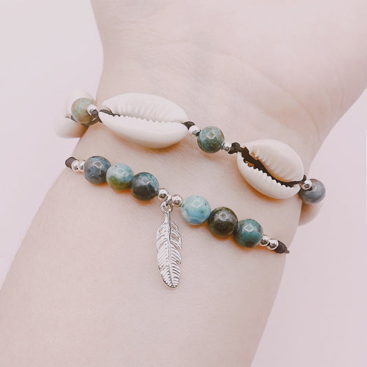 Pulseras Crisocola, Conchitas y Pluma - Plata 925