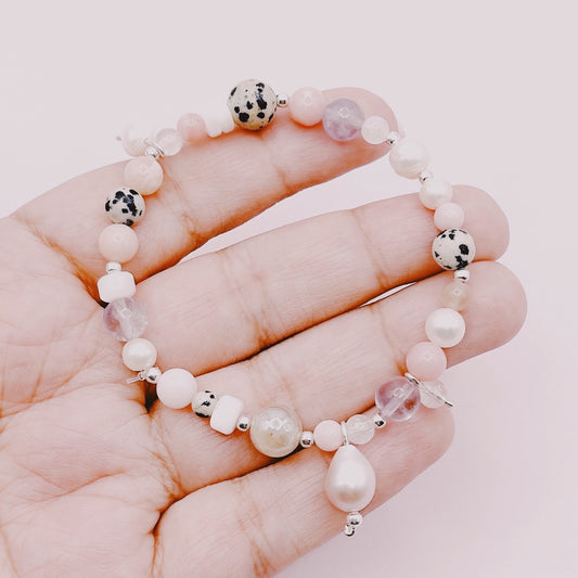 Pulsera Mix Perlas, Amatistas, Ópalo Rosa, Piedra Sol, Cuarzo & Jaspe Dálmata - Plata 925