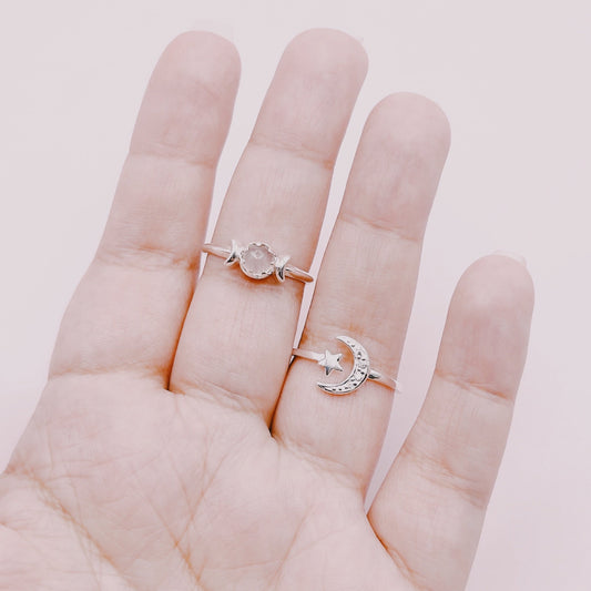 Anillo Cuarzo Rosa Lunas & Anillo Luna y Estrella Circones - Plata 925