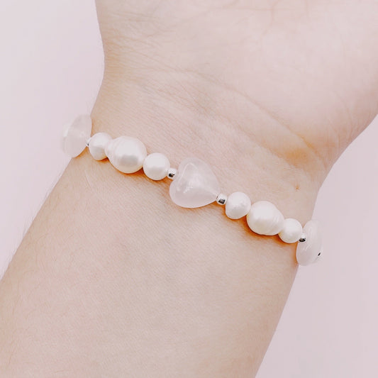 Pulsera Corazones Cuarzo Rosa & Perlas - Plata 925