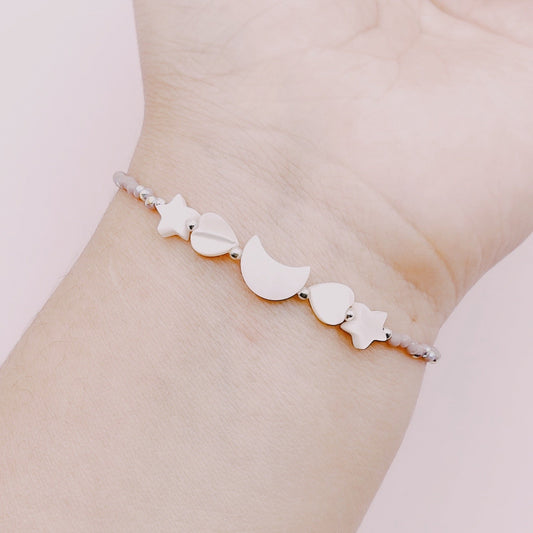 Pulsera Luna, Corazones y Estrellas Nácar - Plata 925