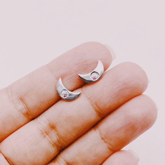 Aros Lunas con Cristal Original Alta Calidad Tornasol - Plata 925