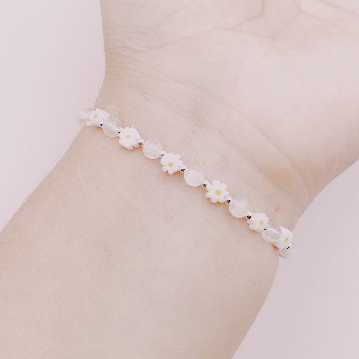 Pulsera Cuarzo Cristal & Flores Nácar - Plata 925