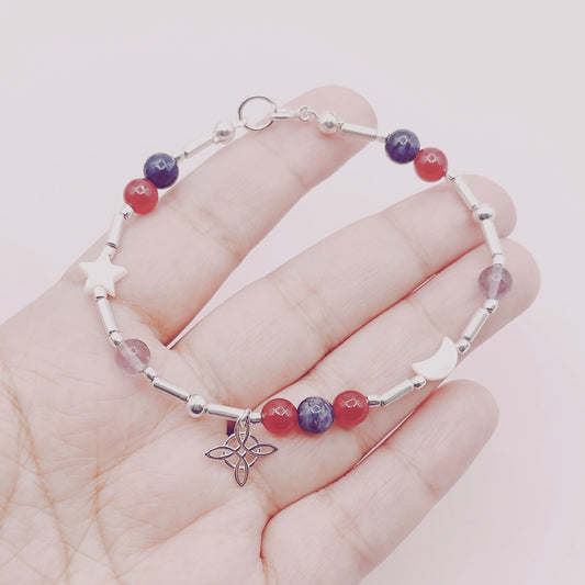 Pulsera Nudo Bruja, Luna, Estrella y Piedras - Plata 925