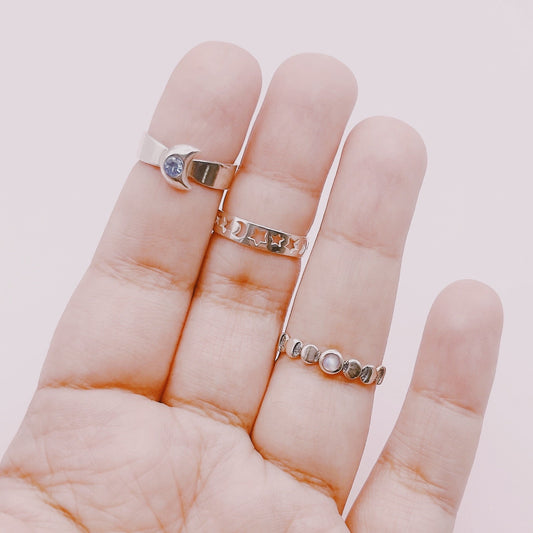 Midi Luna, Midi Luna y Estrellas Caladas y Anillo Fases Piedra Luna - Plata 925