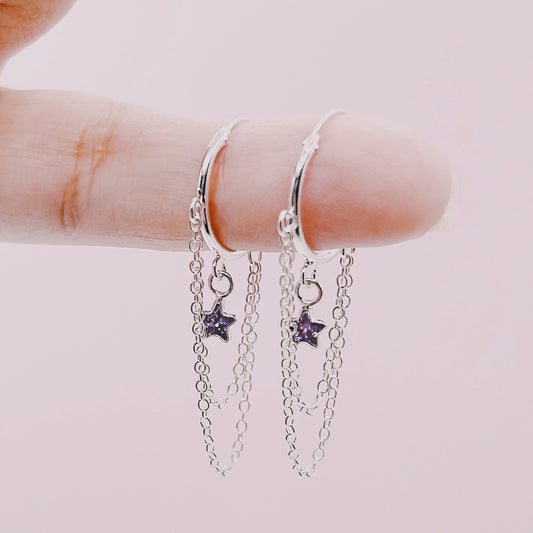 Argollas Estrellas Amatista Cadenas - Plata 925