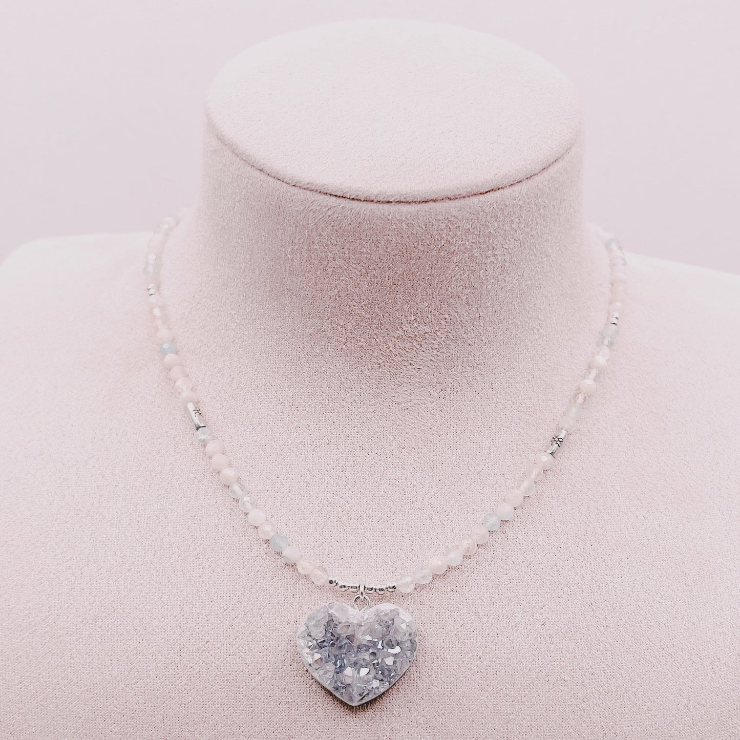 Collar Piedras Drusa Corazón Amatista Aura & Morganitas - Plata 925