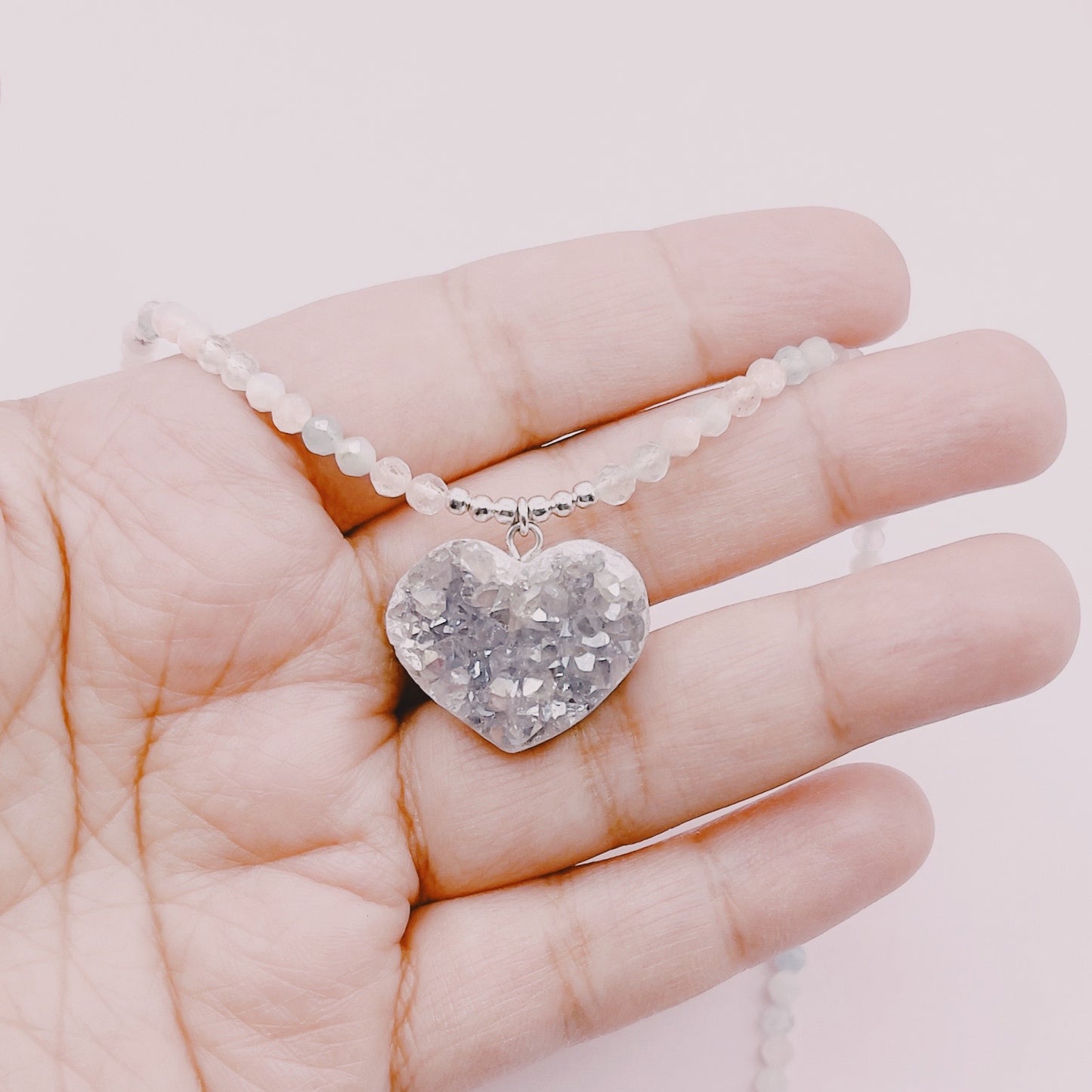 Collar Piedras Drusa Corazón Amatista Aura & Morganitas - Plata 925