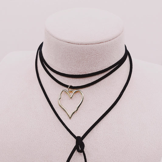 Collar Gamuza Anudable Corazón - Enchape Oro