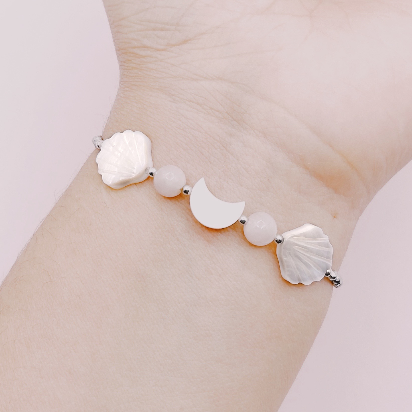 Pulsera Luna, Kunzita y Conchitas Nácar - Plata 925