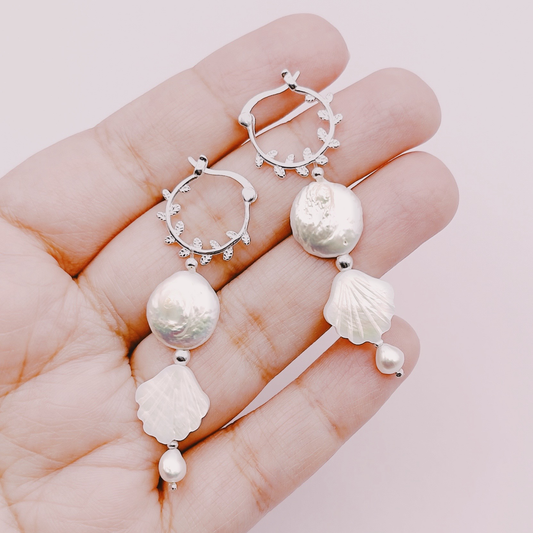 Aros Diseño Argollas Hojas Perlas y Conchitas Nácar - Plata 925