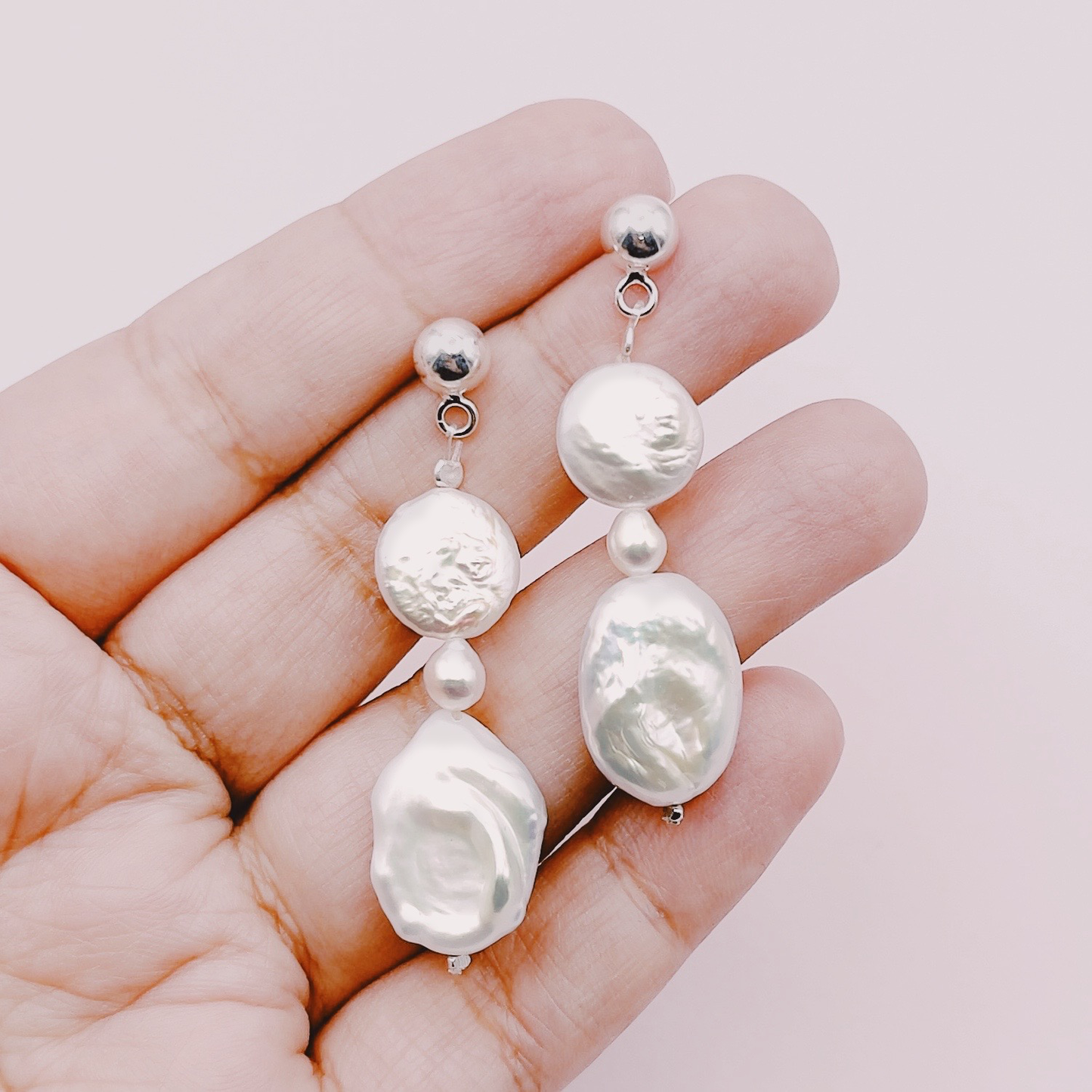 Aros Largos Diseño Perlas Barrocas Premium - Plata 925