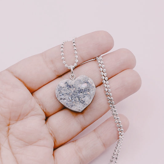 Cadena Bolitas Destellos Colgante Corazón Drusa Amatista Tornasol - Plata 925