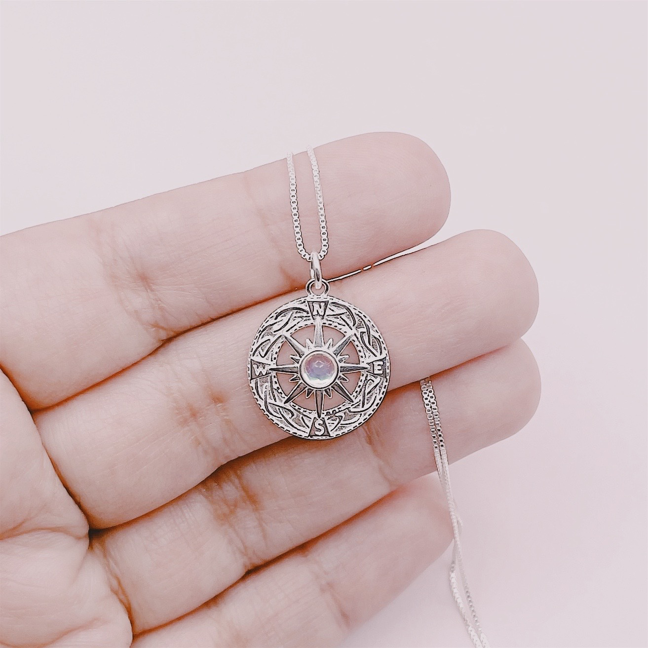 Cadena Colgante Brújula Cuarzo Aura - Plata 925