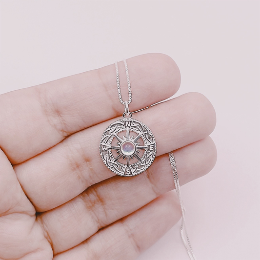 Cadena Colgante Brújula Cuarzo Aura - Plata 925