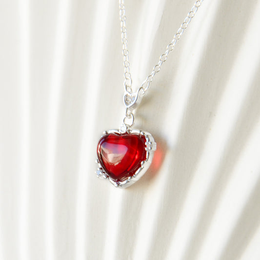 Cadena Corazón Rojo Cristal & Circones Diseño - Plata 925