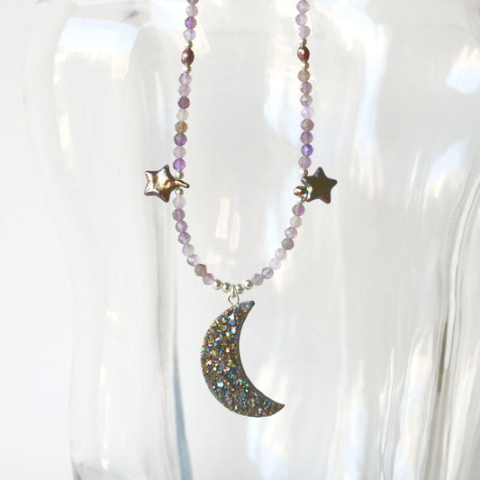 Collar Luna Drusa Ónix Estrellas Perlas Barrocas & Amatista - Plata 925