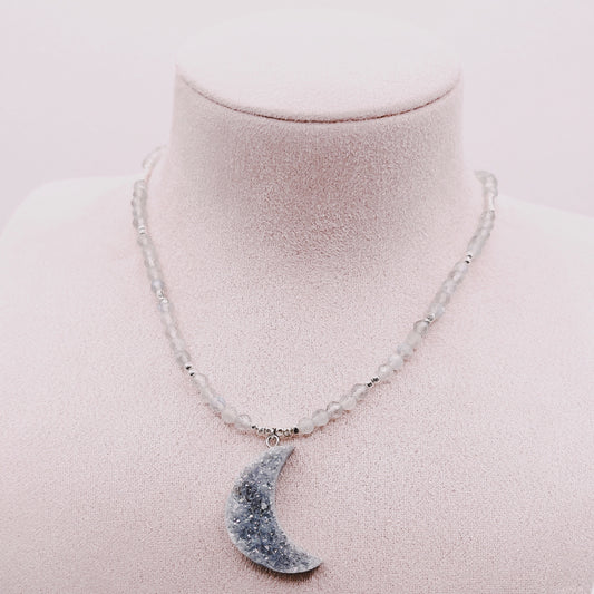 Collar Drusa Lunar Cuarzo Celestial Aura & Labradoritas - Plata 925