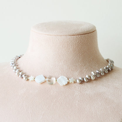 Collar Corto Perlas Río Conchitas Nácar & Cuarzo Cristal - Plata 925