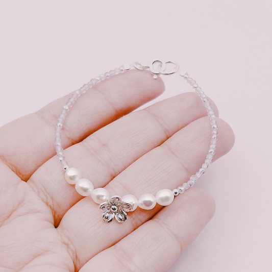 Pulsera Flor Colgante Perlas Cristales Tornasol - Plata 925