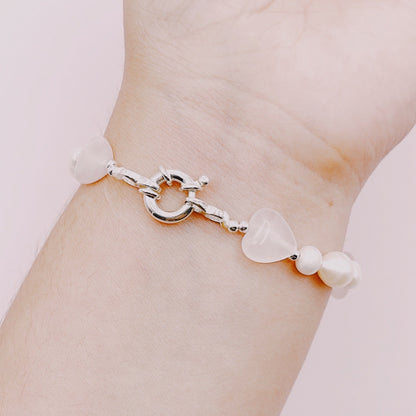 Pulsera Corazones Cuarzo Rosa & Perlas - Plata 925