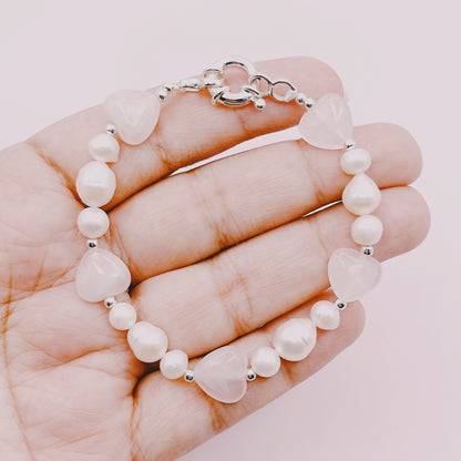 Pulsera Corazones Cuarzo Rosa & Perlas - Plata 925
