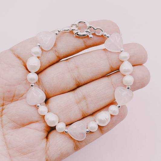 Pulsera Corazones Cuarzo Rosa & Perlas - Plata 925