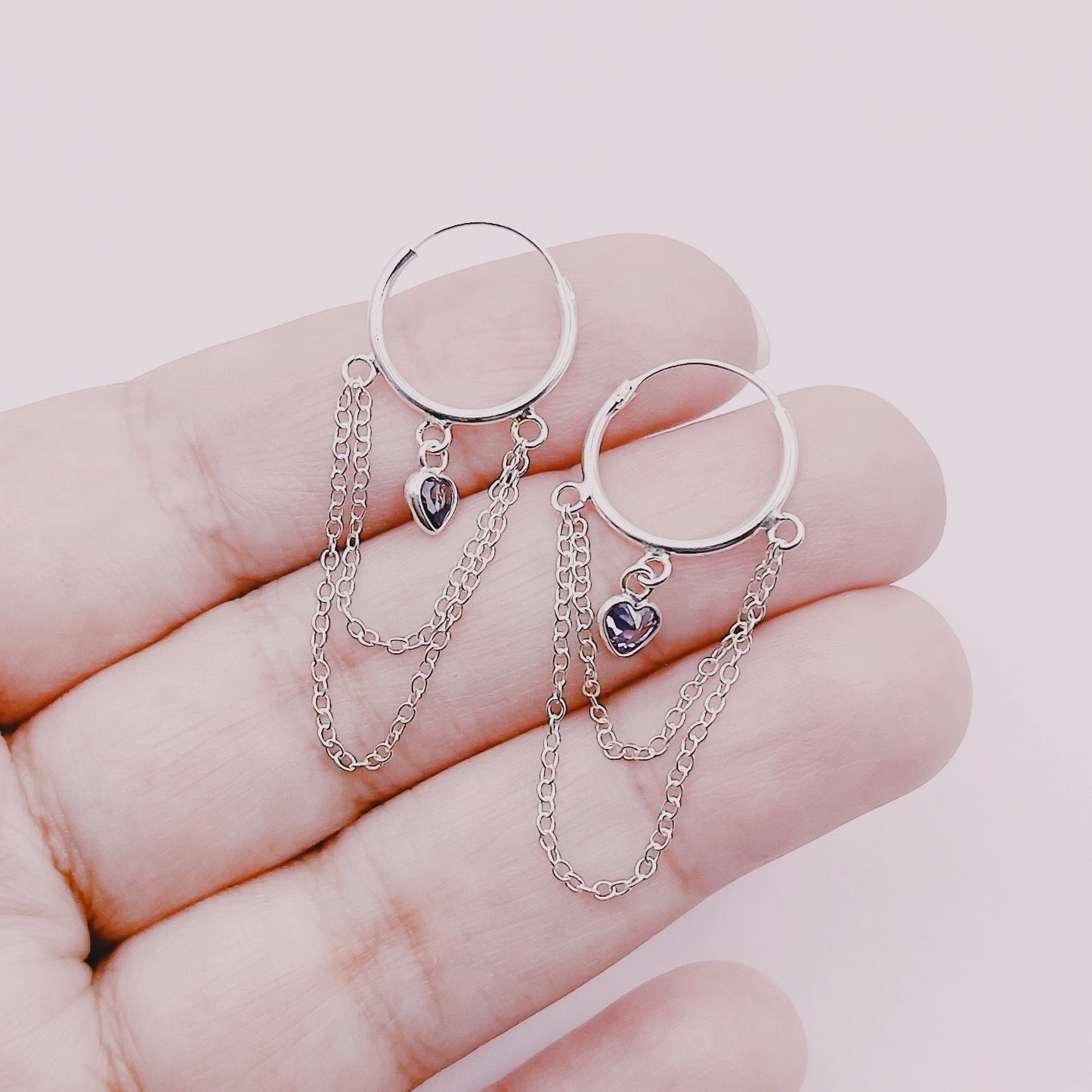 Argollas Corazones Amatista Cadenas - Plata 925
