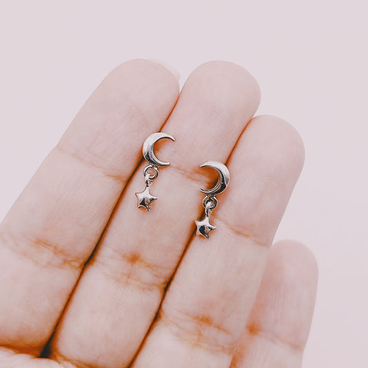 Aros Lunas Con Colgantes Micro Estrellas - Plata 925.