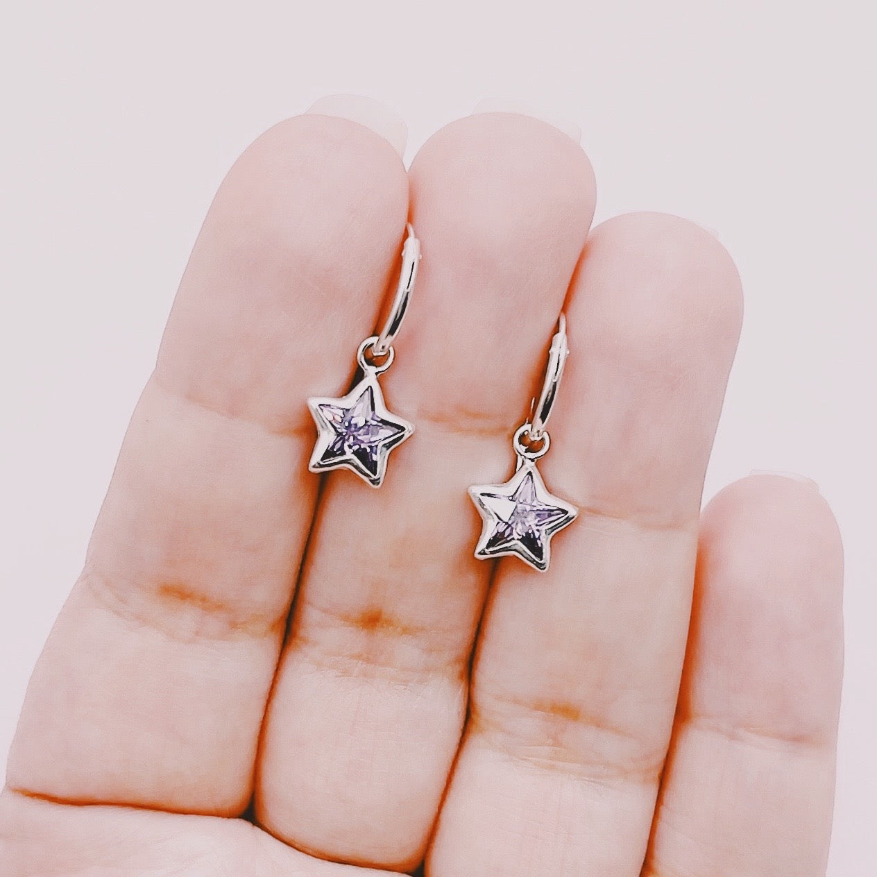 Aros Mini Argollas Estrellas Amatista - Plata 925