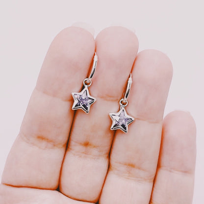 Aros Mini Argollas Estrellas Amatista - Plata 925