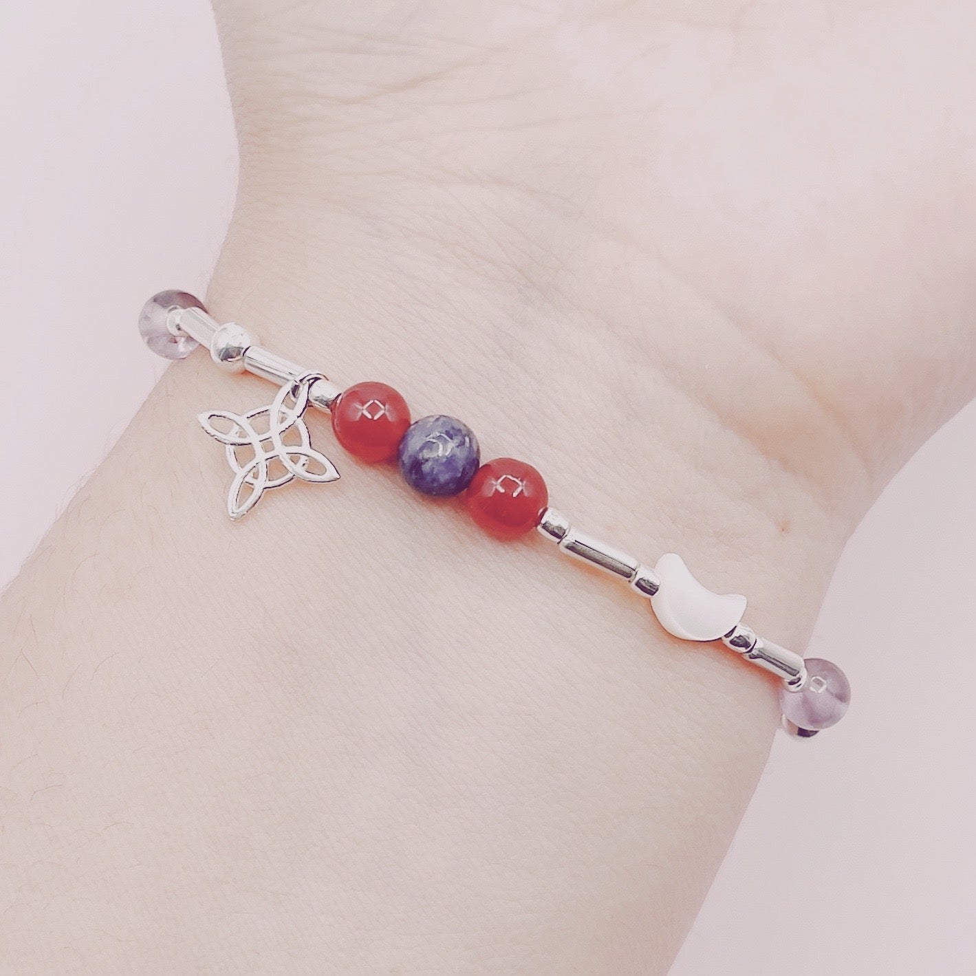 Pulsera Nudo Bruja, Luna, Estrella y Piedras - Plata 925